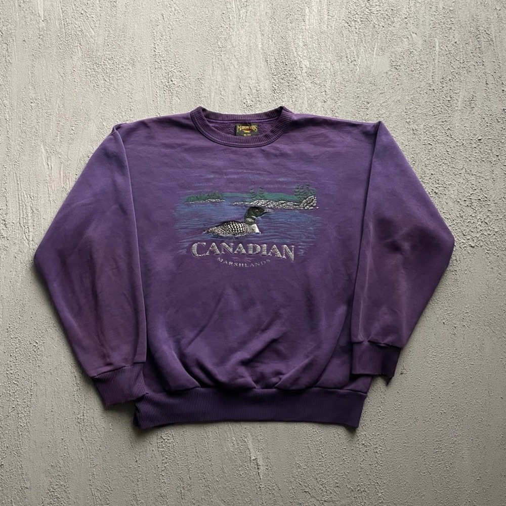 Vintage Loon Graphic Sweatshirt Mens XL Purple 90s Marshlands Canada